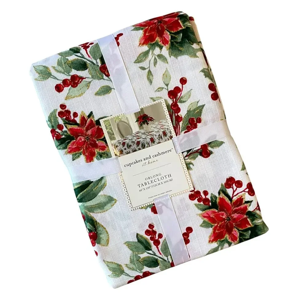 Cupcakes & Cashmere POINSETTIA Christmas Tablecloth 60x120 Oblong New